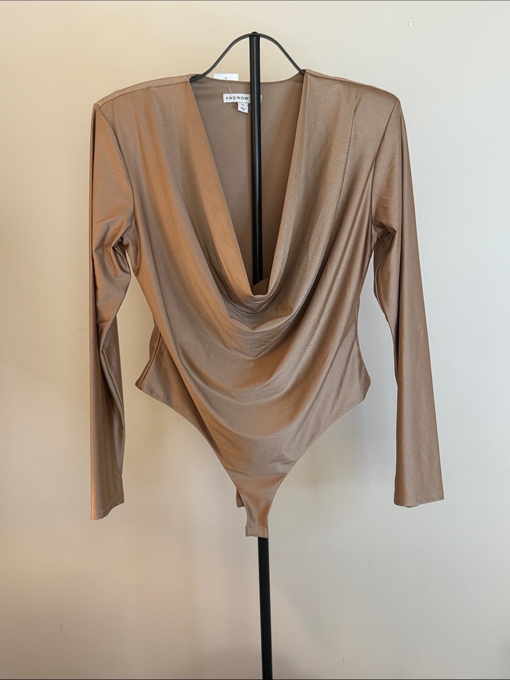 AND NOW Taupe Drape-Neck Long-Sleeve Bodysuit